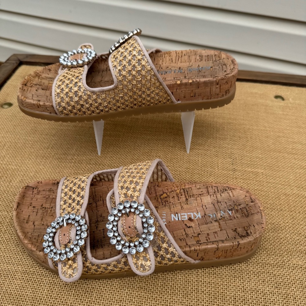 Anne Klein Hazel Tan Slide Sandals with Rhinestone Buckles 8.5